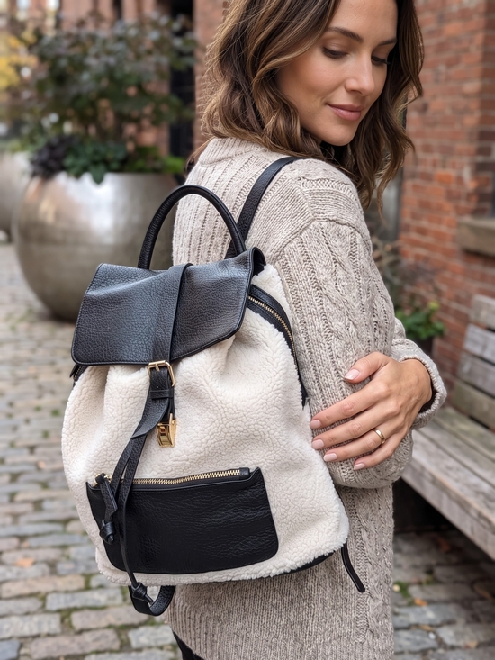 Indigo Handbags - Indigo Cozy Chic Faux Shearling Sherpa Backpack Black Leather Buckle Daypack
